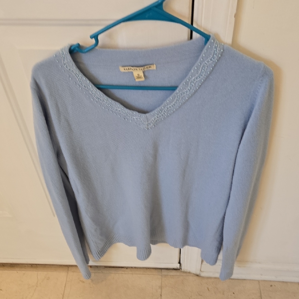 Carolyn Taylor Powder Blue V-Neck Sweater with Beaded Trim